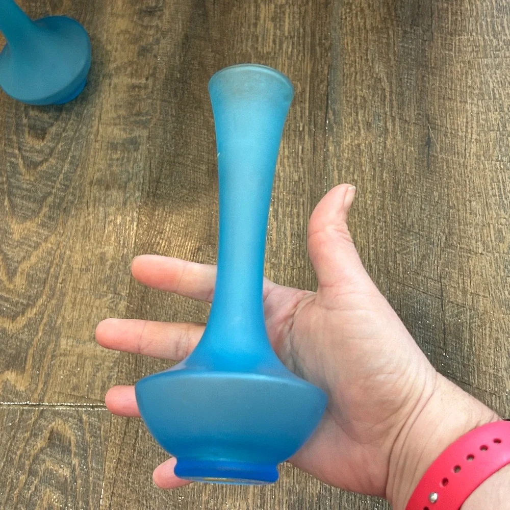 Set of 2 Satin Blue Bud Glass Vases Made in Japan‎ Mid Century Modern